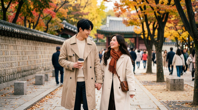 Young Couple Walking Hand in Hand in Autumn Park with Traditional Stone Wall.