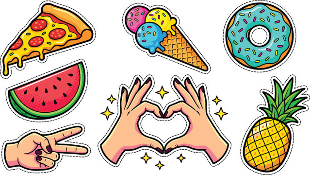 Cute Sticker Set with Pizza Slice Ice Cream Donut Watermelon Heart Hand and Pineapple Vector Illustration Clipart Patch Design