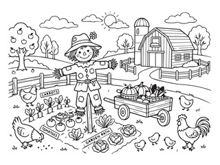 Obraz premium Scarecrow and Farm Animals in Garden Coloring Book Illustration