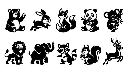 Obraz premium Animals Icon Set Featuring Playful Bear, Bunny, Cat, Panda and Deer Characters in Black Silhouette Style