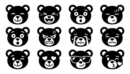Obraz premium Bear Icon Set with Black Cartoon Faces, Hearts, and Sleeping Expressions for Playful Design and Stickers