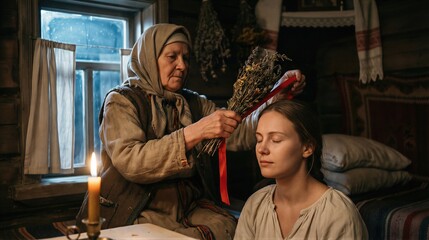 Obraz premium Old woman healer performing ancient hypnosis ritual on young woman. Folklore magic ceremony with dried herbs. Traditional mystical session for mind control and spiritual influence concept.