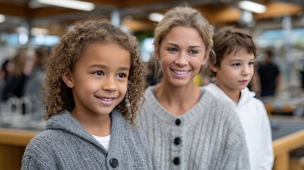 Fototapeta premium Families enjoy open house event at elementary school with classrooms, science displays, and teachers engaging with students in friendly atmosphere