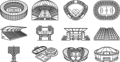 Sports stadium architecture and athletic arena infrastructure vector line icons set featuring football field baseball diamond scoreboard grandstand and spotlight tower © SAHEDUL
