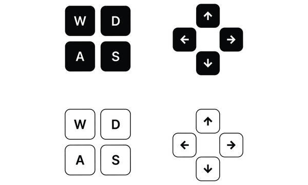 Minimalist gaming keyboard control keys showing wasd letter layout and directional arrow buttons in black and white vector graphic style