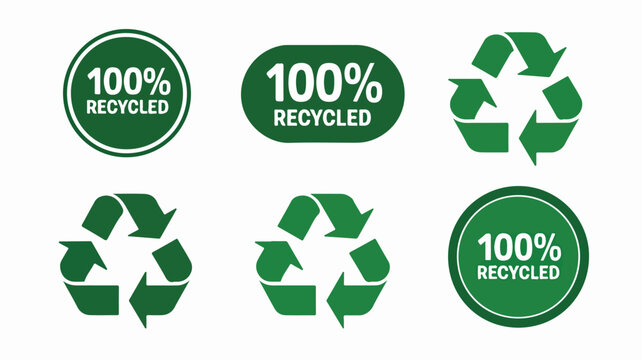 Set of green vector recycle symbols and hundred percent recycled badges for sustainable packaging design projects