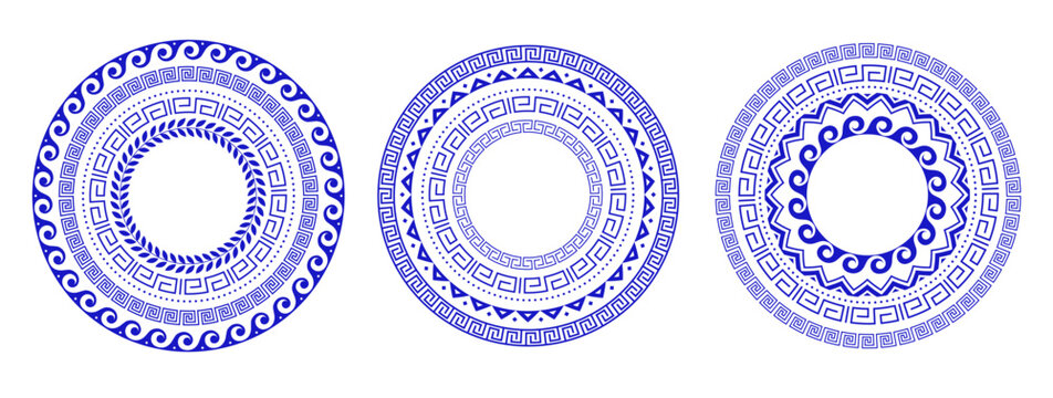 Round decorative Greek mandala collection with geometric meander borders and Mediterranean ornament. Modern blue and white vector illustrations set.