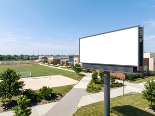Obraz premium High angle view of a blank billboard mockup near a school sports track and field in summer