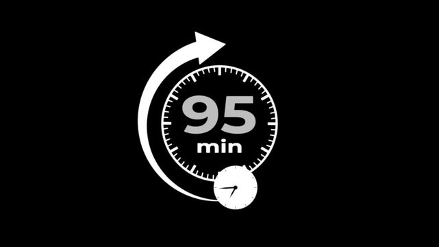 Arrow Clock 95-minute icon.Digital and analog clock 95 minutes on black background. 95 minute timer symbol isolated on transparent background with alpha channel.