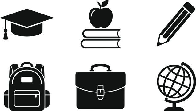  School education and academic back to school solid glyph icon set featuring graduation cap book apple pencil backpack briefcase globe isolated on white background