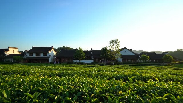 Tea garden natural scenery and traditional architecture, tea garden sunrise scenery