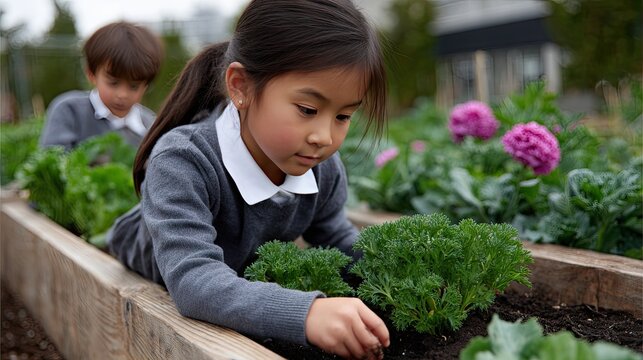 Elementary students learn about gardening while tending vegetables and flowers in a school garden during an outdoor science lesson in the morning sunlight