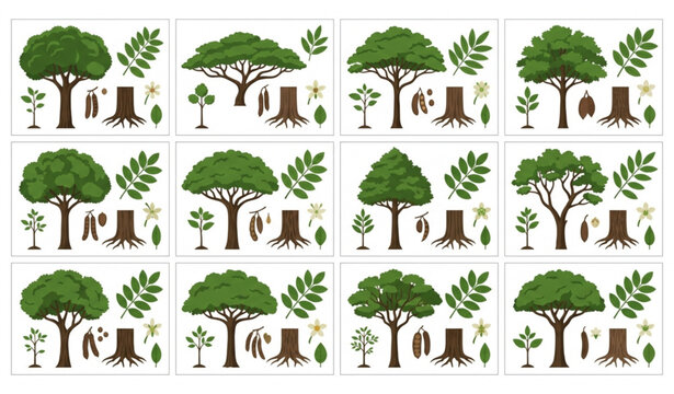 Botanical tropical hardwood tree vector set with African ebony Brazilian rosewood and exotic forest species isolated on white background