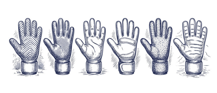 Goalkeeper gloves vector engraving set showing various palm grip textures and designs for soccer goalie hand protection, safety, grip performance isolated on white background hand drawn etch style.