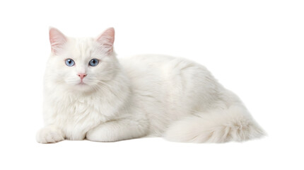 White cat with striking blue eyes and a fluffy long coat lying down in a relaxed pose looking directly forward as a PNG on a transparent background