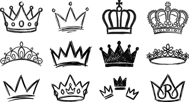Hand Drawn Crown Vector Set with Royal Tiara Queen Diadem and King Coronation Symbols for Graphic Designs