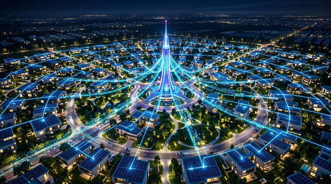 Aerial View of Futuristic Smart Neighborhood at Night with Blue Energy Grid Connecting Solar Homes and AI Tower