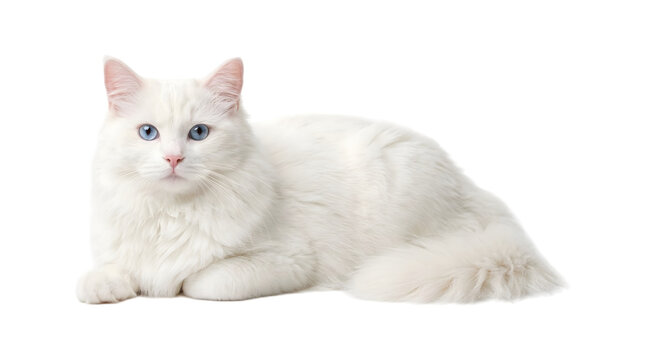 White cat with striking blue eyes and a fluffy long coat lying down in a relaxed pose looking directly forward as a PNG on a transparent background