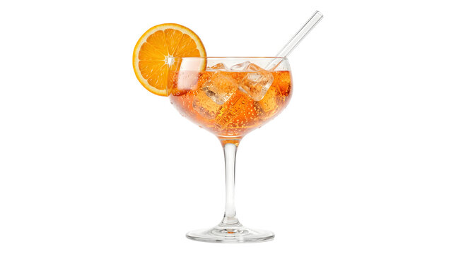 Aperol spritz served in a wide coupe glass with an orange slice ice cubes and glass straw as a PNG on a transparent background