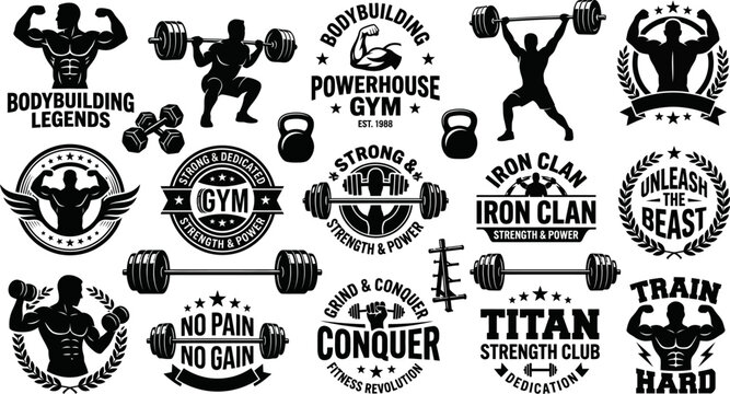 Black vector graphic illustrations of gym and bodybuilding motivational quotes and logos with silhouettes of strong men lifting weights  fitness and exercise concepts