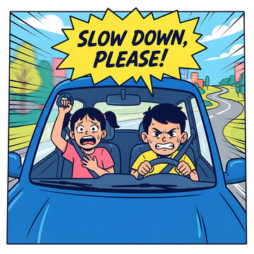 Young boy driving a car too fast with a scared girl passenger