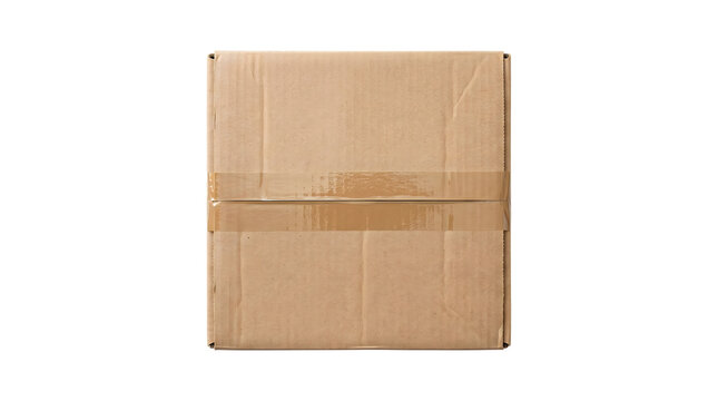Cardboard box viewed from the top showing a sealed square parcel with brown packing tape strips rendered as a PNG on a transparent background