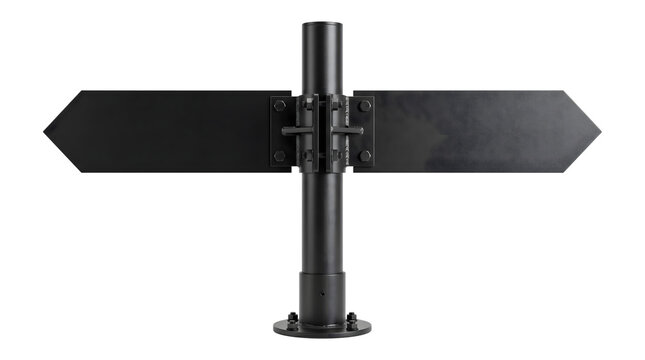Signpost with two blank black metal arrow boards pointing in opposite directions mounted on a cylindrical post with a bolted base rendered as a PNG on a transparent background