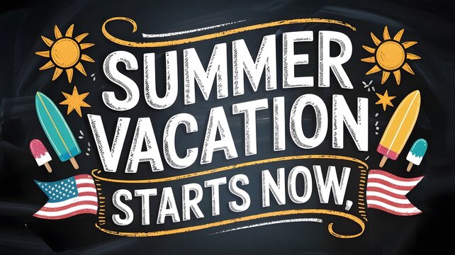 Summer vacation starts now lettering text design with sun, surfboard, popsicle and american flag on chalkboard background