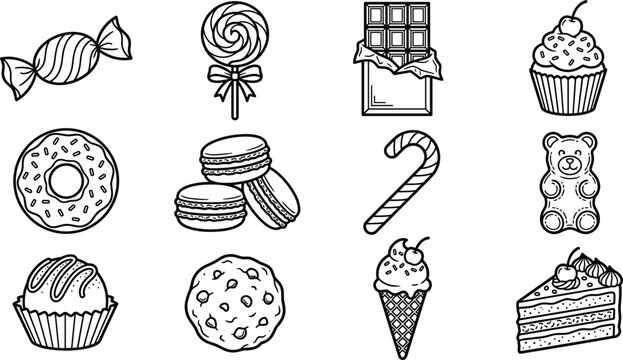 Sweet desserts and candy confectionery black line icon set with cupcake donut macaron chocolate bar ice cream and cake slice symbols