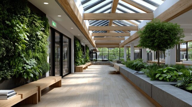 Biophilic school hallway design features green walls, indoor gardens, and natural light complemented by students reading and relaxing in a modern space