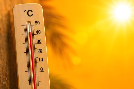 A thermometer showing high temperature under the sun for the concept of hot weather and climate change.