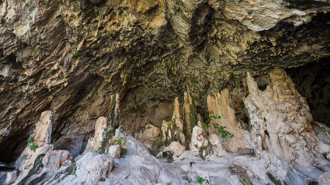 Rock formations inside the scenic Cave of Agia Sofia in Crete, Greece.