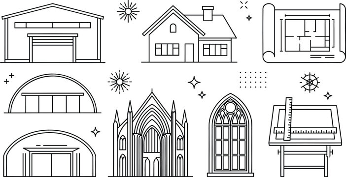 Architecture line art vector icon set with house blueprint hangar cathedral drafting table and construction engineering design elements