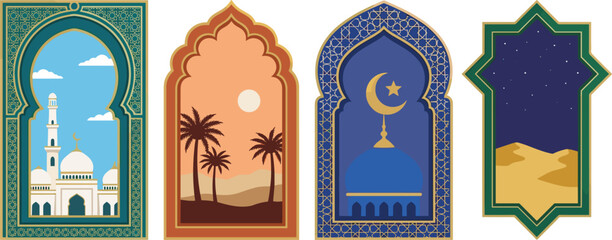 Islamic Arch Window Vector Set with Mosque Desert Palm Trees Crescent Moon and Stars for Ramadan Kareem Greetings © Ruhul
