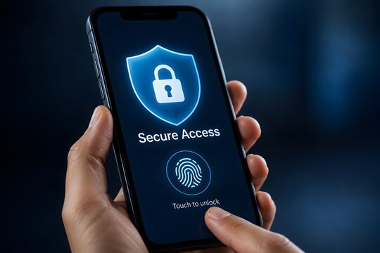Smartphone secure access with fingerprint and digital shield for the concept of cybersecurity and data protection.