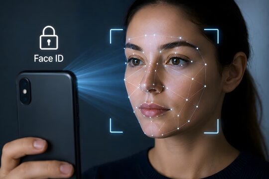 Face identification using a smartphone for the concept of biometric security and technology.