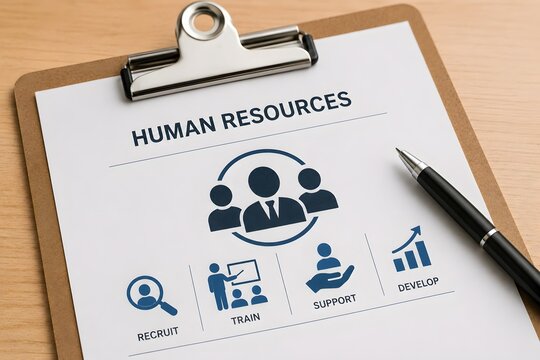 A clipboard with the words HUMAN RESOURCES and icons representing recruitment, training, support, and development, with a pen on a wooden desk, conveying the concept of human capital management.