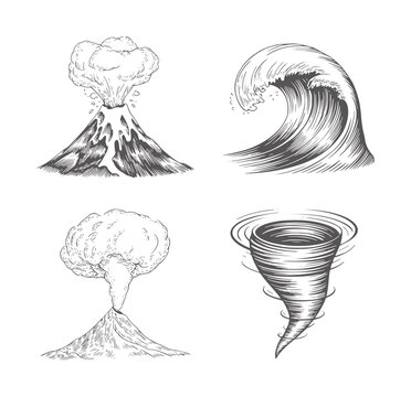 Black and white of volcanoes waves and tornadoes eruption ocean