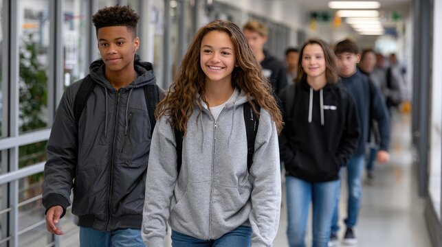 Busy school hallway scene with students walking, talking, and carrying musical instruments and sports equipment during a class change