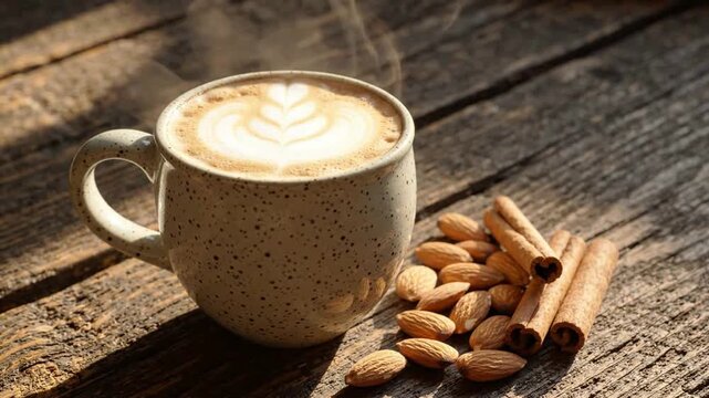 Steaming Latte with Almonds and Cinnamon Sticks