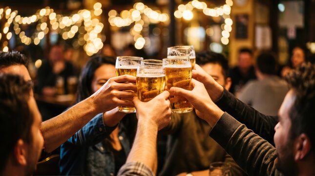 Close-up of friends holding beer glasses in a pub toast celebration with blurred festive lights in the background celebration nightlife socializing clinking beverage gathering lifestyle