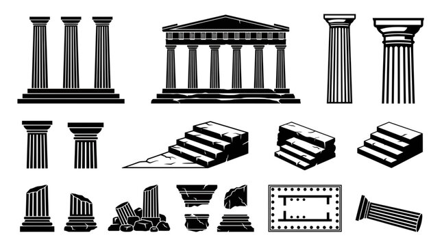 Ancient Greek Architecture Elements: Columns, Pediments, Ruins, and Floor Plan