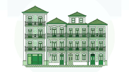 Green Facade Buildings Illustration, European Architecture, Residential Houses © Macan