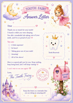 Whimsical Tooth Fairy letter template for children with cute fairy, castle, tooth, moon, and magical pastel design. Perfect for kids, parents, and special tooth loss moments.
