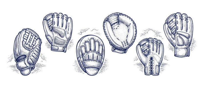 Baseball glove vintage sketch illustration set of retro leather sports mitts for baseball and softball players, featuring hand drawn engraving style design elements on isolated white background tool.