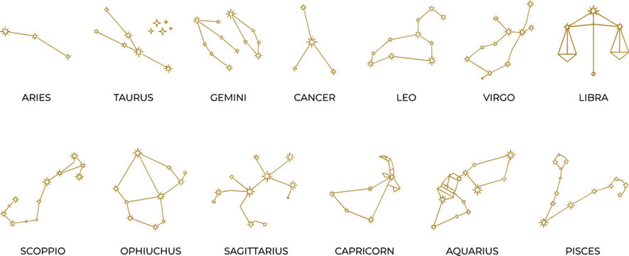 Golden Zodiac Constellation Line Art Icon Set with Astrology Signs and Star Maps for Horoscope Esoteric Graphics and Celestial Vector DesignsGolden Zodiac Constellation Line Art Icon Set with Astrolog