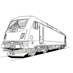 Detailed vector line art illustration of a modern diesel locomotive train engine, showcasing precise technical drawing and contemporary railway transport design for motion © Lia art