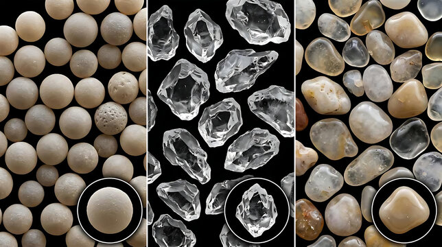 Comparative scientific diagram showing quartz grain shapes (round matte, unworn, and sub-rounded glossy) based on wind, river, and beach transport environments.