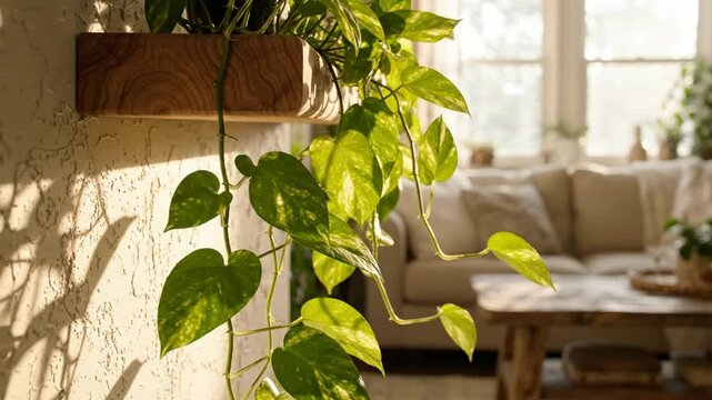 Sunlight on Pothos Plant in Cozy Living Room