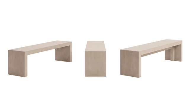 Minimalist block concrete bench shown from three different angles.